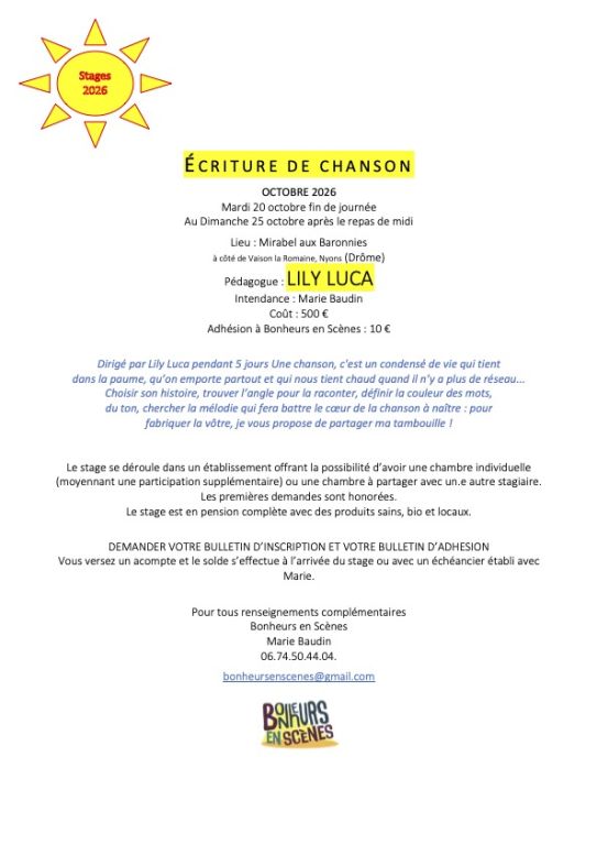 STAGE D'ECRITURE DE CHANSON AVEC LILY LUCA